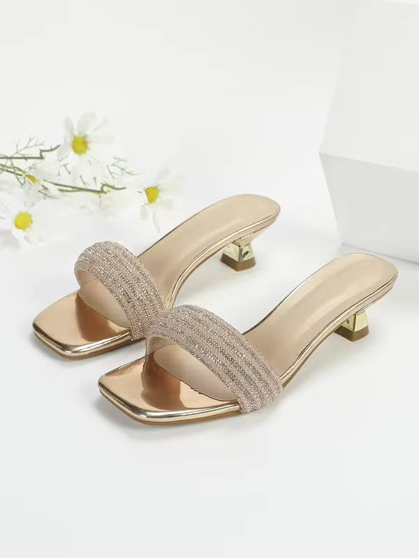 Women Rhinestone Decor Sculptural Heeled Sandals, Glamorous Open Toe Mule Sandals Valentines,Kitten Heels