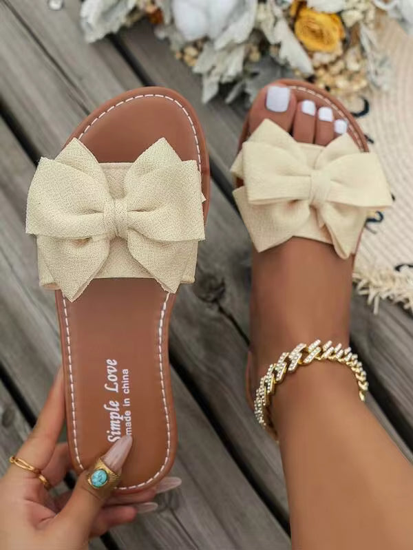 Women's Summer Bow Knot Comfortable Flat Sandals, Casual Open Toe Fashion Slippers, Round Toe Fabric Outdoor Beach Shoes