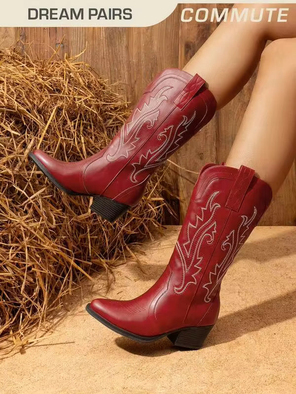 Women's Western Cowboy Boots Slip On Fashion Embroidery Pointed Toe Low Heel Chunky Outdoor Commuter Mid-Calf Black Boots