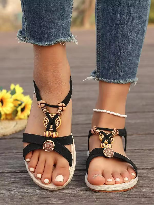 Women's Summer New Solid Color Handmade Beaded Flat Sandals, Bohemian Style Fashion Versatile Comfortable Casual Sandals,Boho