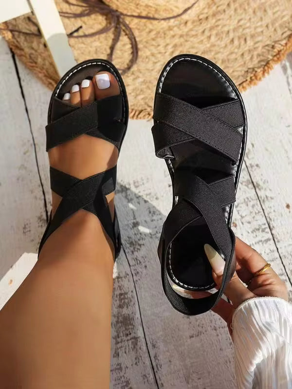 Women's Cross Elastic Strap Flat Sandals, Wide Fit, Solid Color, Comfortable, Outdoor, Minimalist, Beach, Party