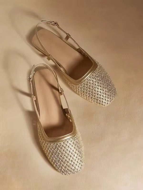 Rosivie Women Shoes Square Toe Flat Bottom Gold Braided Material Slingback Women's Flat Bottom Shoes Holiday Style Wear Retro Style Bohemian Style Wear Comfortable Flat Bottom Women's Shoes Summer Shoes