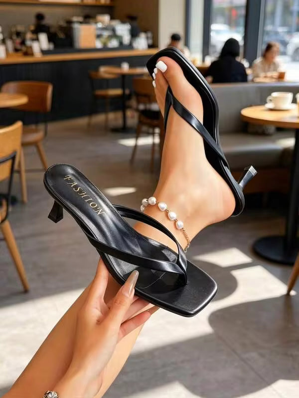 Women's Classic High Heel Flip Flops, Simple And Elegant. Office, Outdoor, Casual, Spring Festival, New Year, Summer. Square Toe Design, Thin Heel Adds Elegance, Comfortable And Fashionable