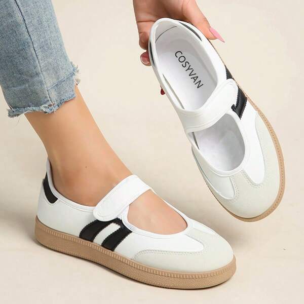 Three-Stripe Ballet-Style Mary Jane Shoes, Soft Leather, Rubber Sole, Slip-On Casual Sports Shoes For Women.