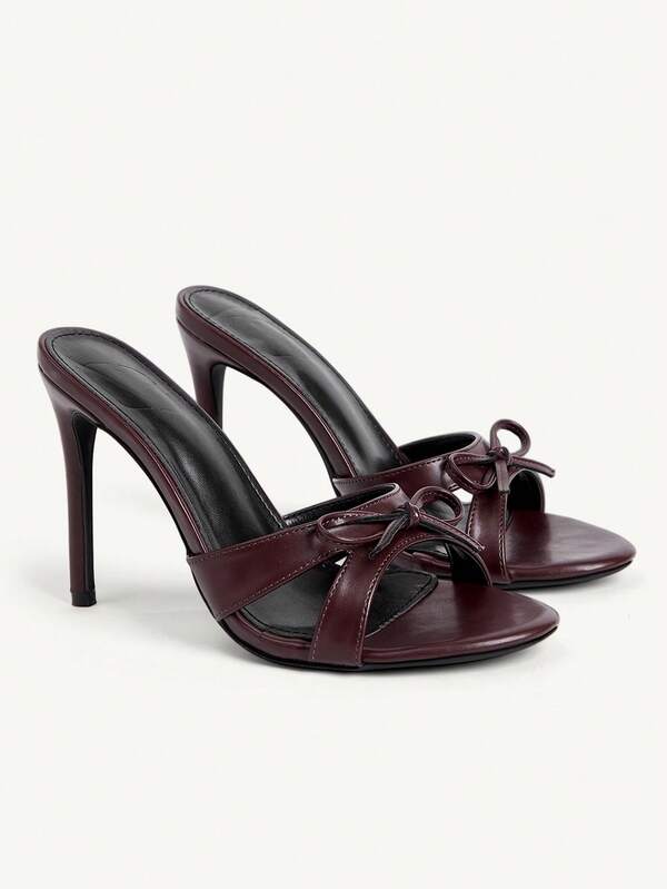 CUCCOO CHICEST Sexy Fashion Bow Decoration Round Toe Stiletto Casual Versatile Mules Style Burgundy Women's High Heel Sandals
